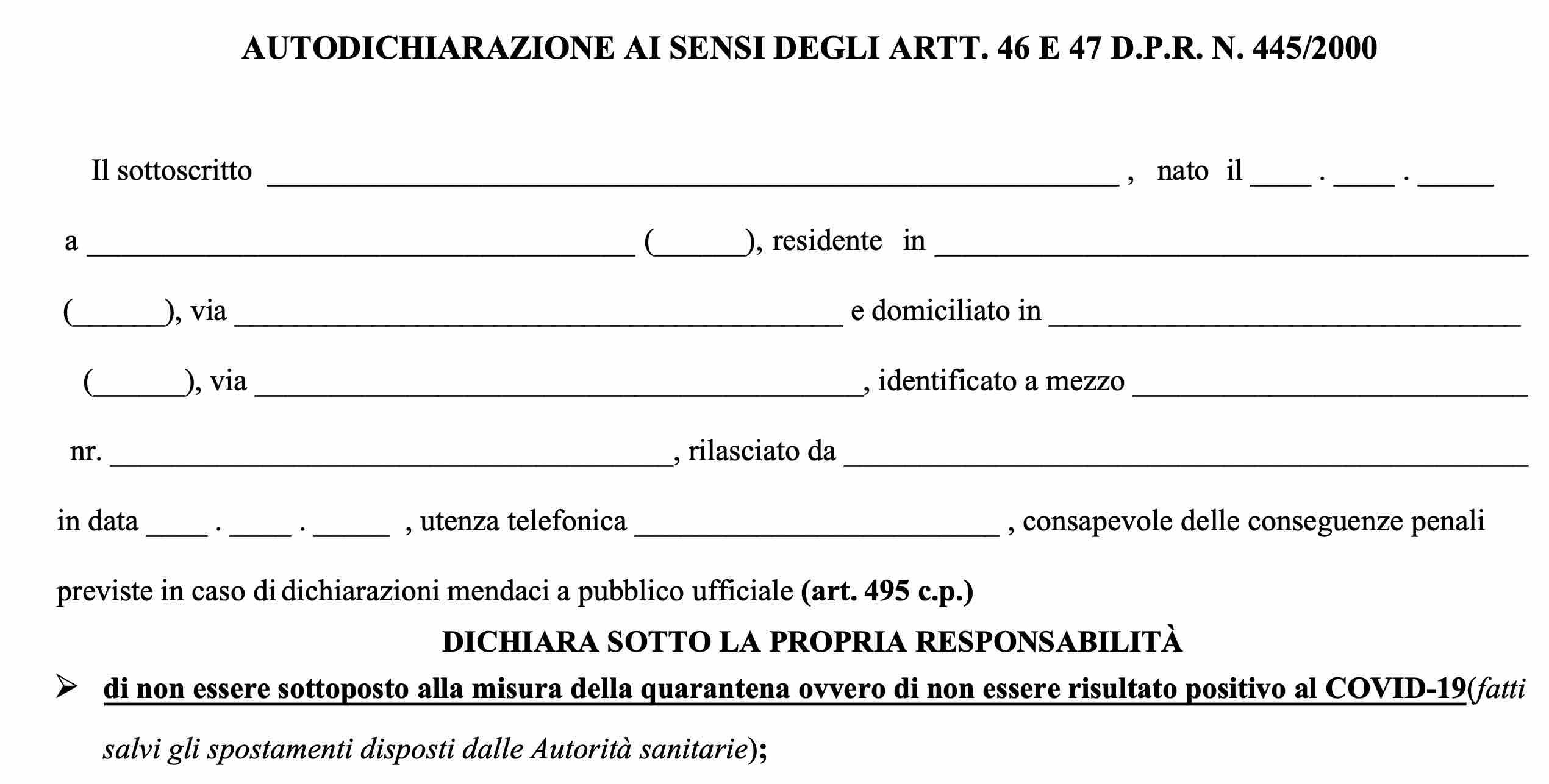 Modulo autocertificazione per viaggiare in treno