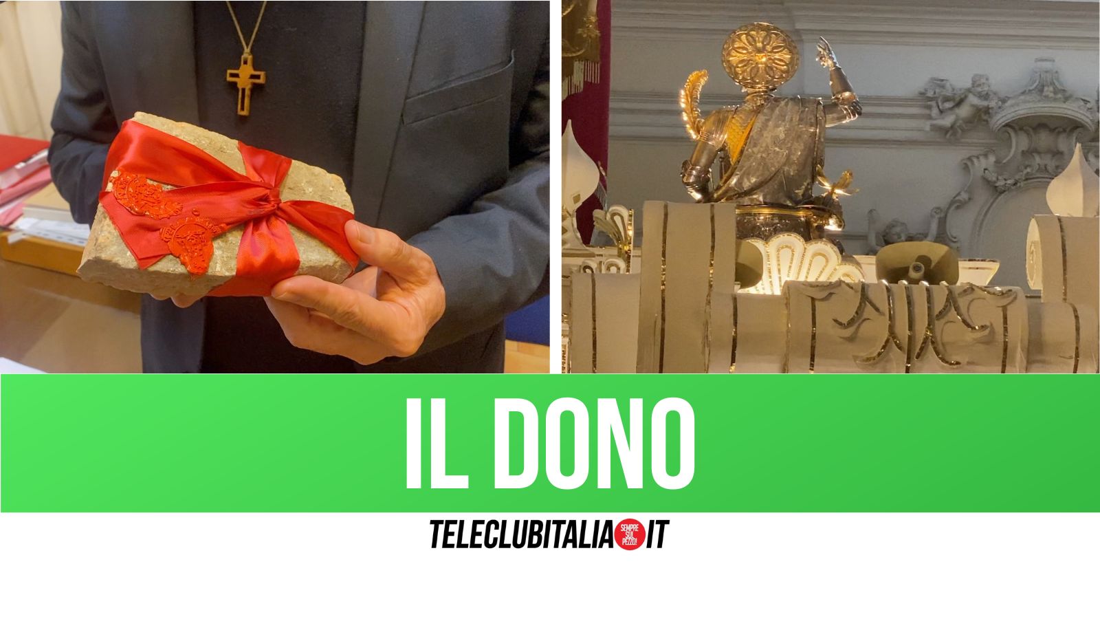 Giugliano, San Giuliano: Sora dona frammento di tegola che copriva la tomba del Martire
